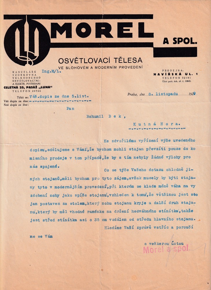Účet, Osvětlovací tělesa, Morel, Praha, 1929