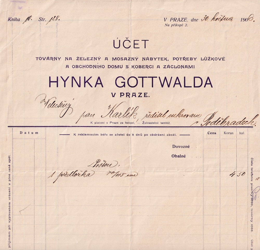 Účet, Továrna nábytkem ad., Praha, 1906