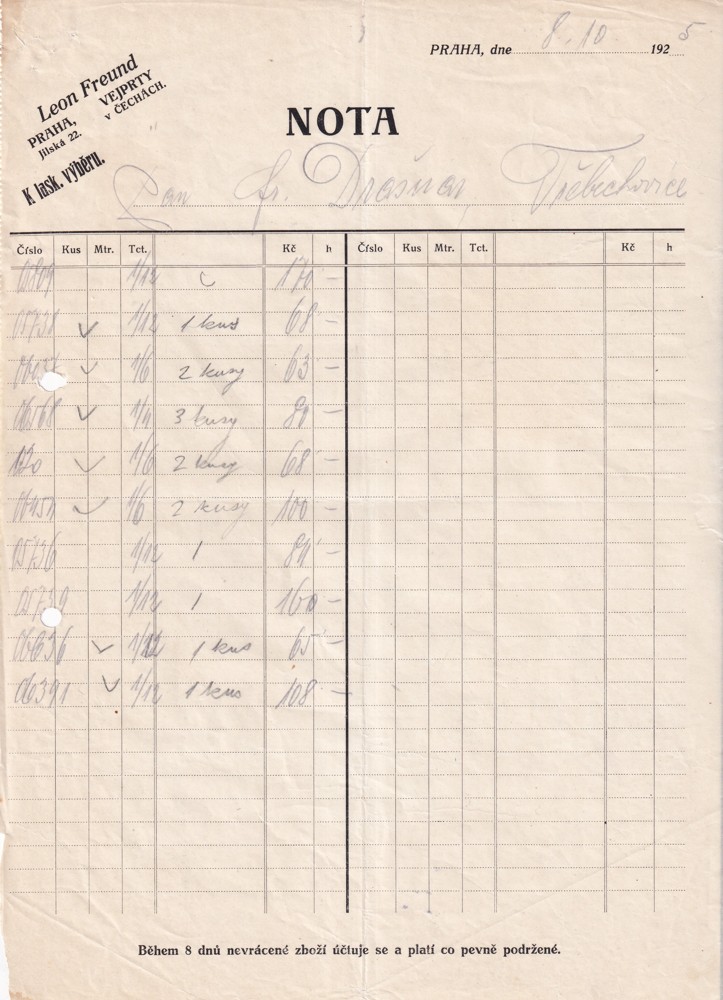 Účet, L. Freund, NOTA, Praha, 1925