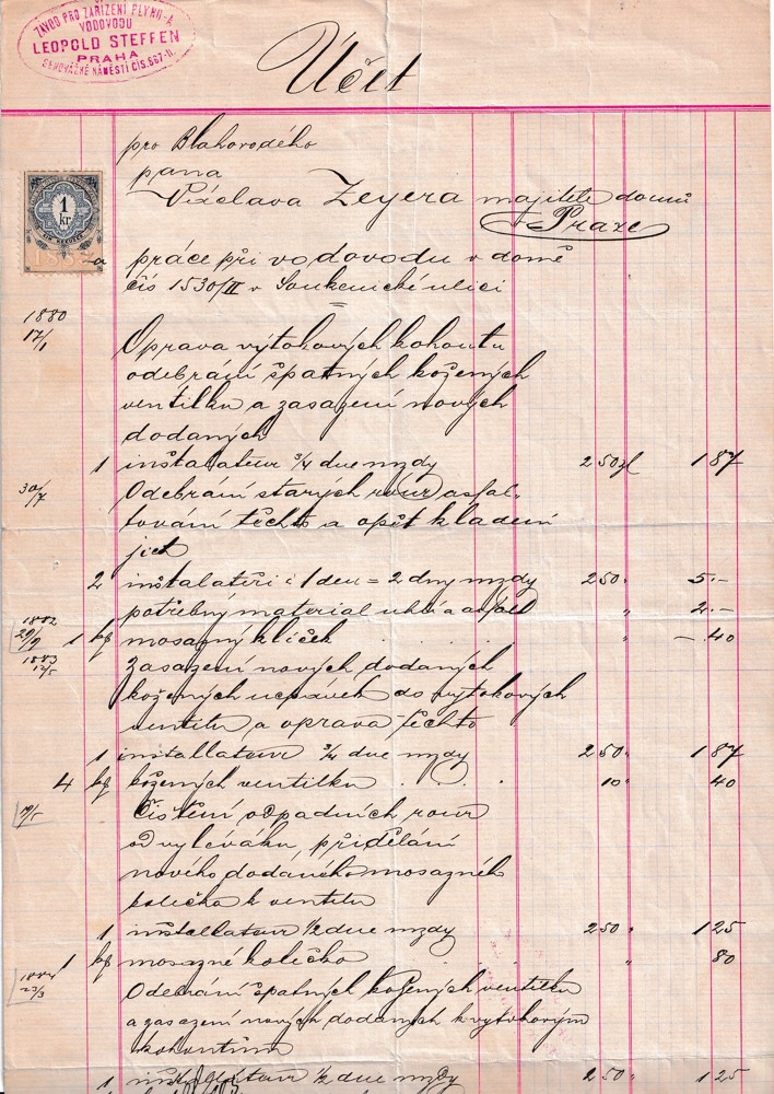 Účet, Závod plyno a vodovodu, Praha