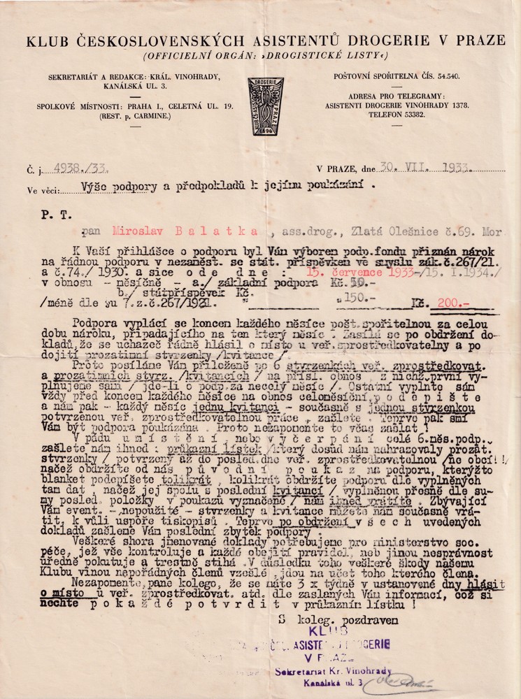 Účet, Asistenti drogerie, Praha, 1933