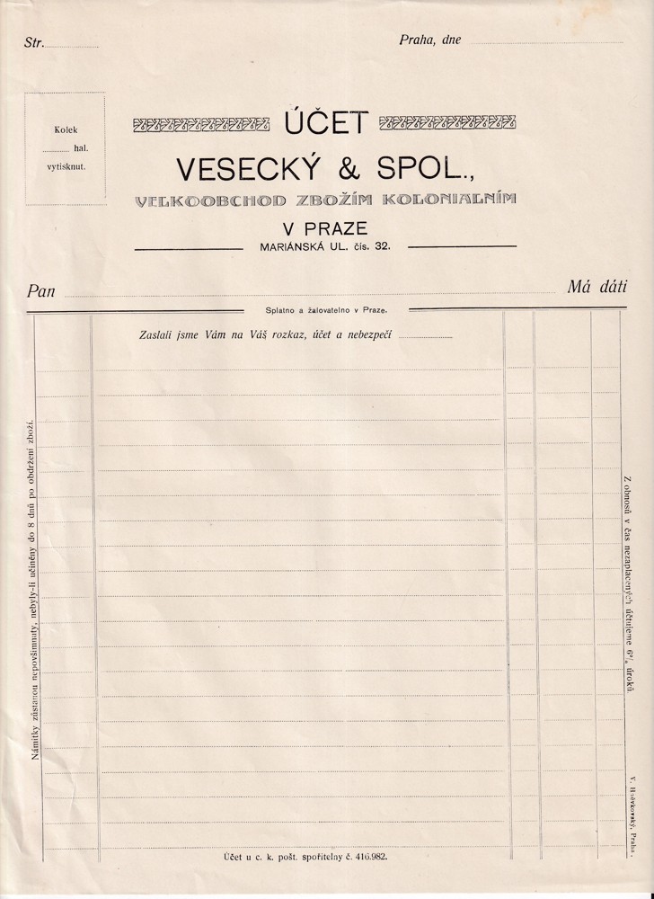 Účet, Velkoobchod koloniálním, Praha