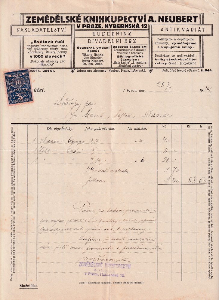 Účet, Zemědělské knihkupectví, Praha, 1929