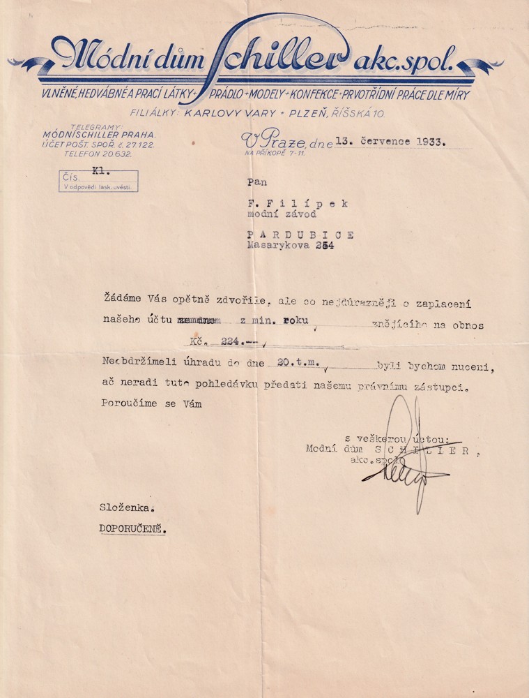 Účet, Módní dům Schiller, Praha, 1933