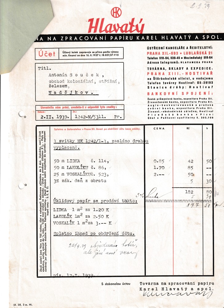 Účet, Továrna na papír, Praha, 1939