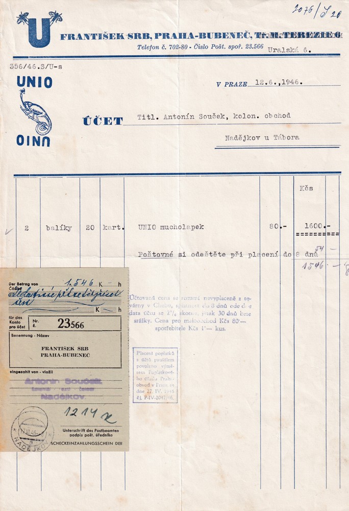 Účet, Unio, František Srb, Praha, 1946
