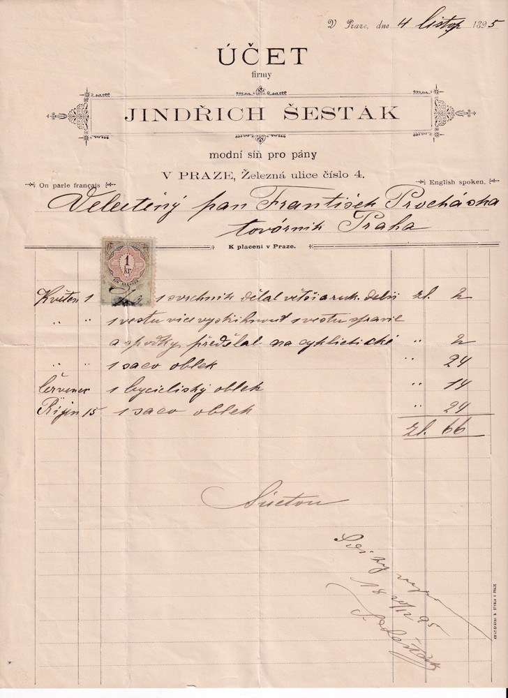 Účet, Módní síň pro pány, Praha, 1895