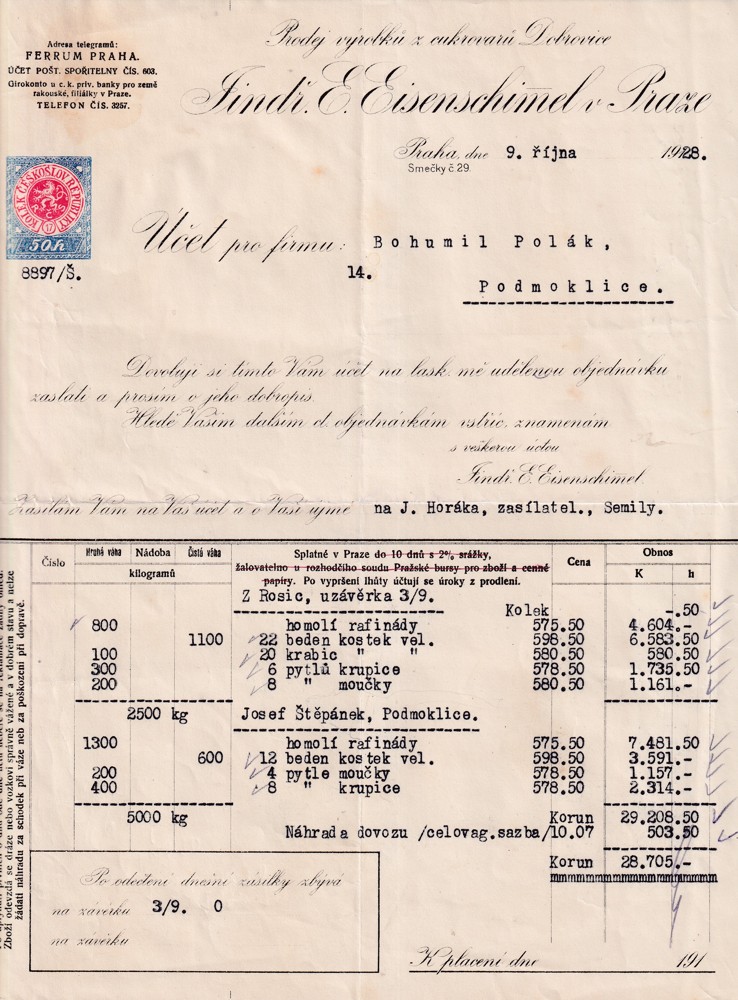 Účet, Prodej výrobků z cukrovaru, Praha, 1928