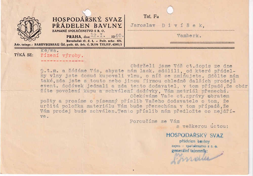 Účet, Hospodářský svaz přádelen bavlny, 1940