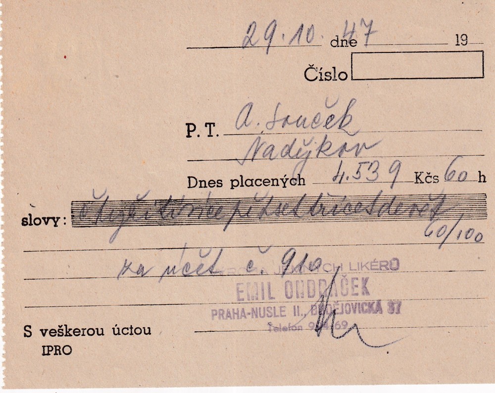 Účet, Výroba jemných likérů, Praha, 1947