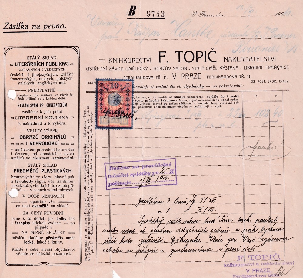Účet, Knihy, antikvariát, hudebniny, Praha, 1910