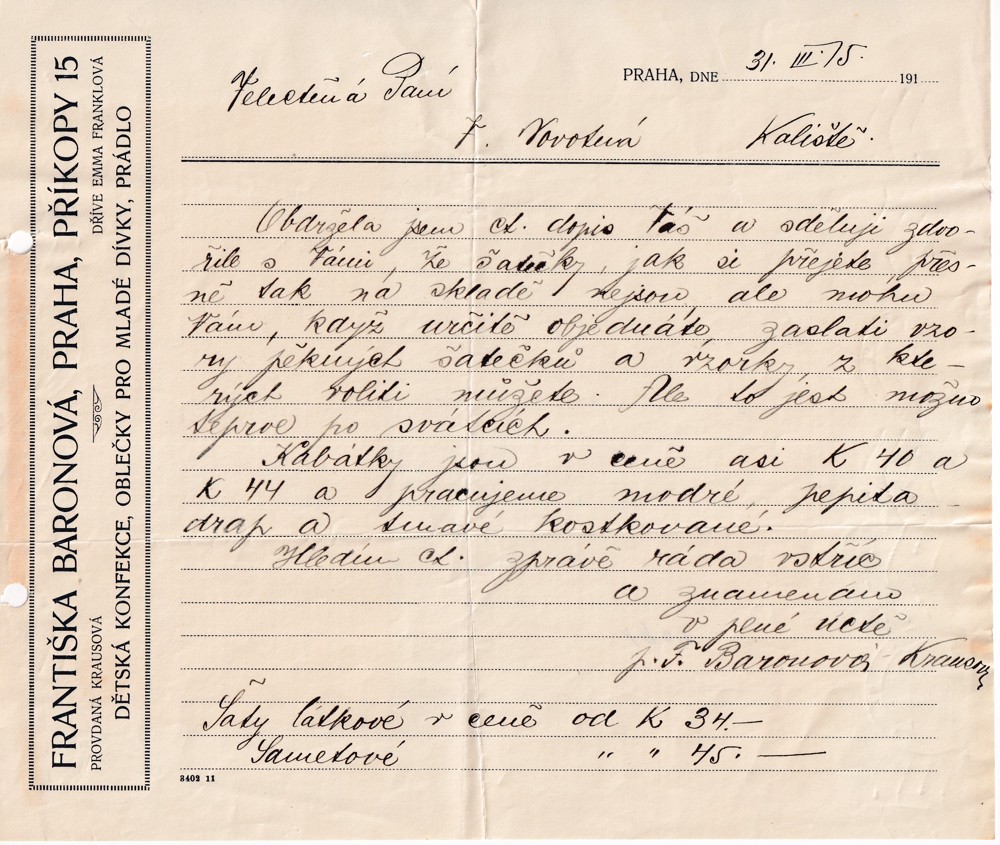 Účet, Dětská konfekce, oblečky pro malé, Praha, 1915