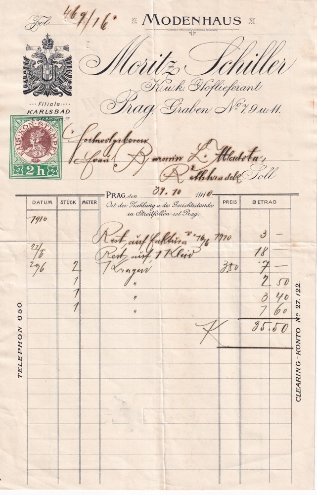 Účet, Moritz Schiller, Praha, 1910