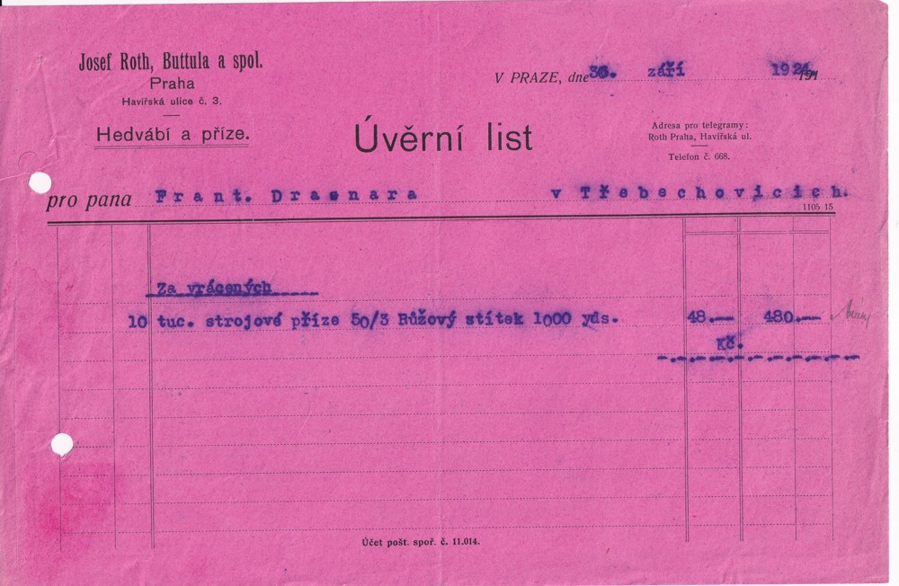 Účet, Hedvábí a příze, Úvěrní list, Praha, 1924