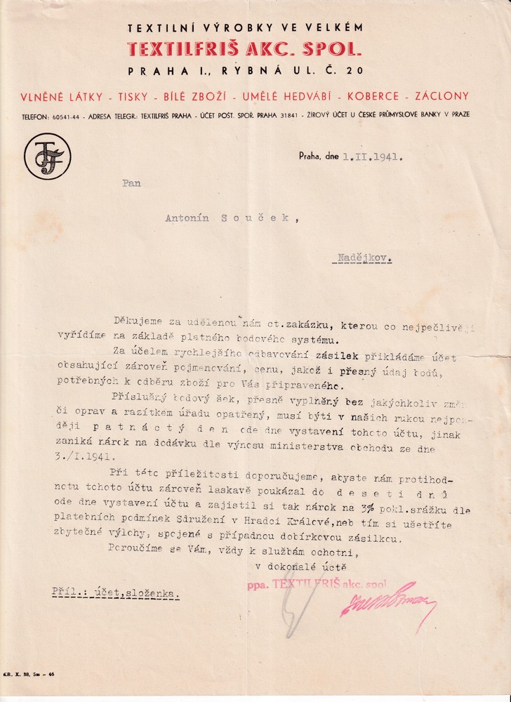 Účet, Textilfriš, a.s., Praha, 1941