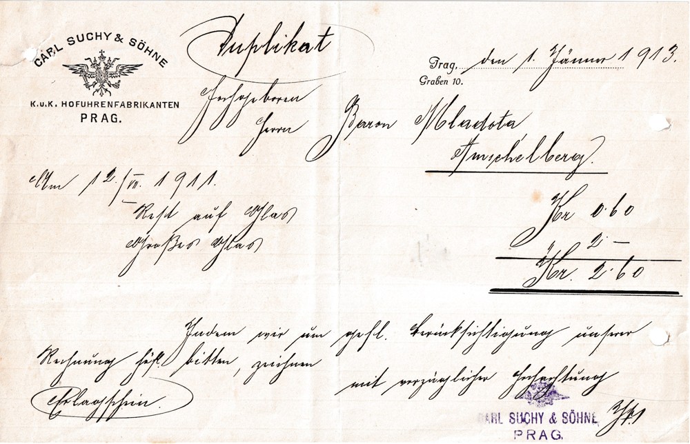 Účet, Carl Suchy a Sohne, Praha, 1913