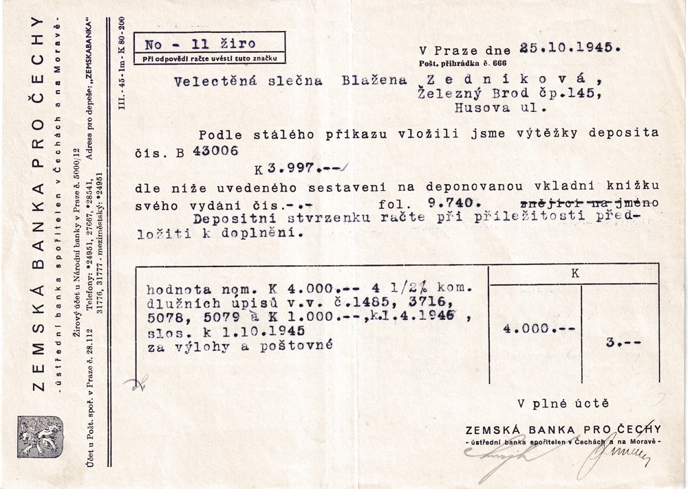 Účet, Zemská banka, Čechy, Praha, 1945