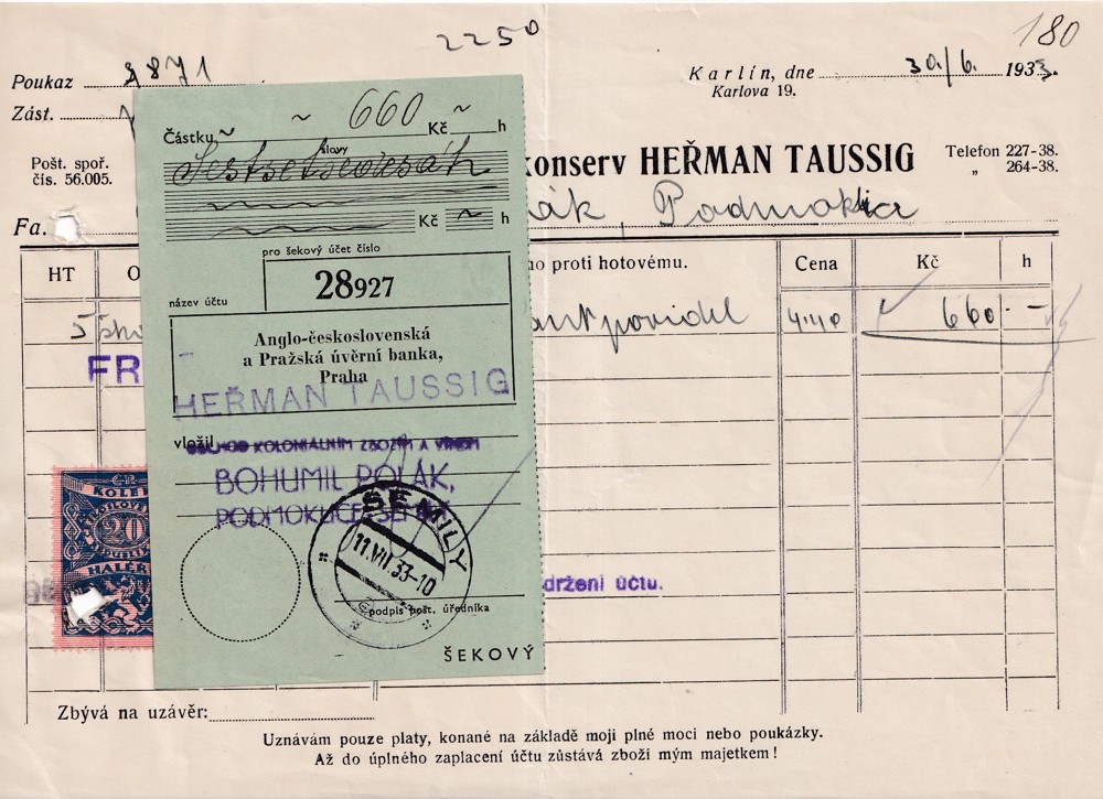 Účet, Továrny ovocných konserv, Praha, 1933