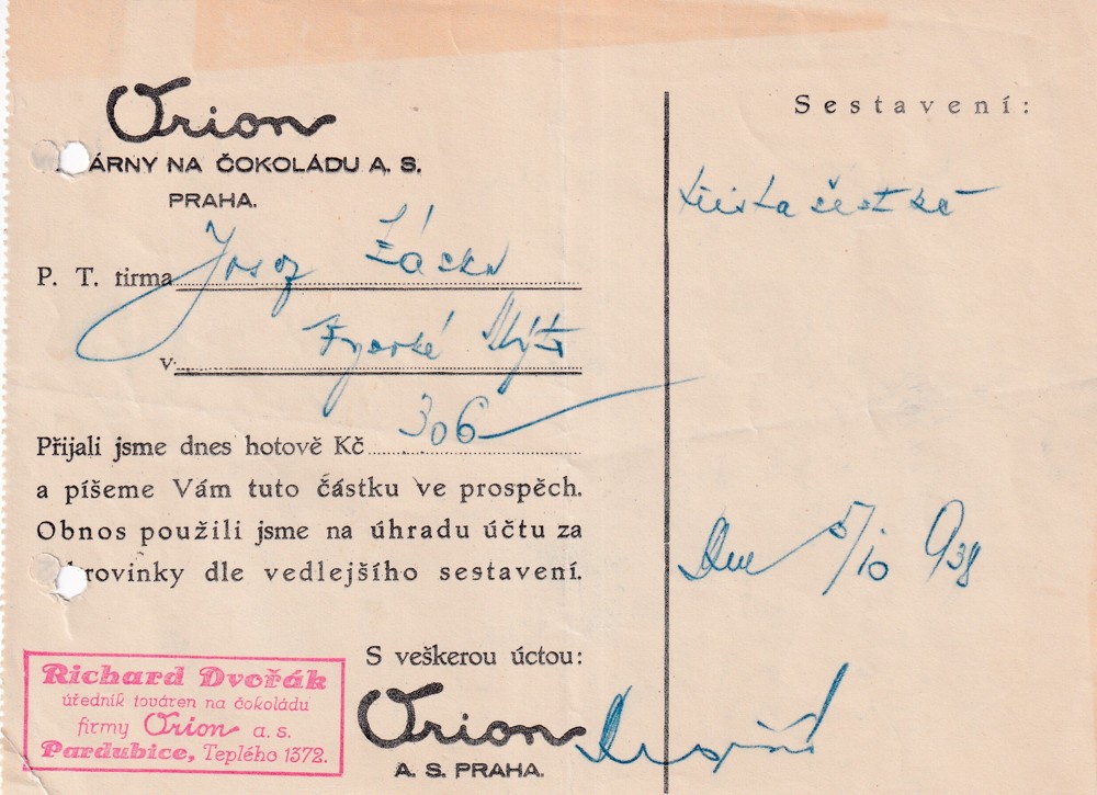 Účet, Orion, továrna na čokoládu, Praha, 1938