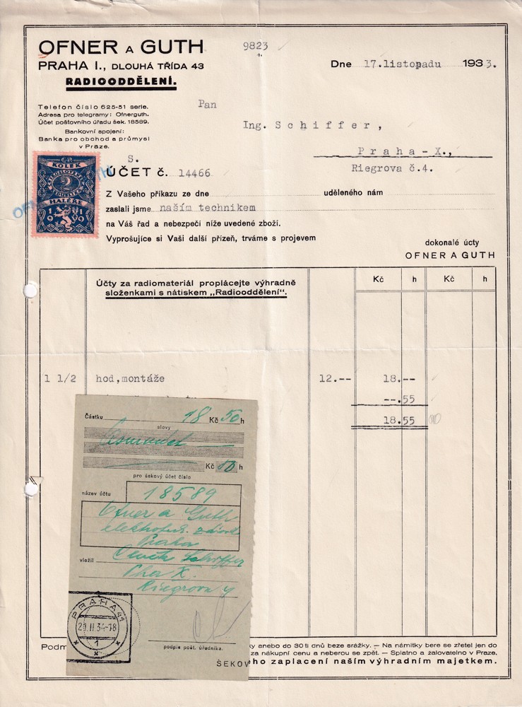 Účet, Ofner a Guth, Radioodělení, Praha, 1933