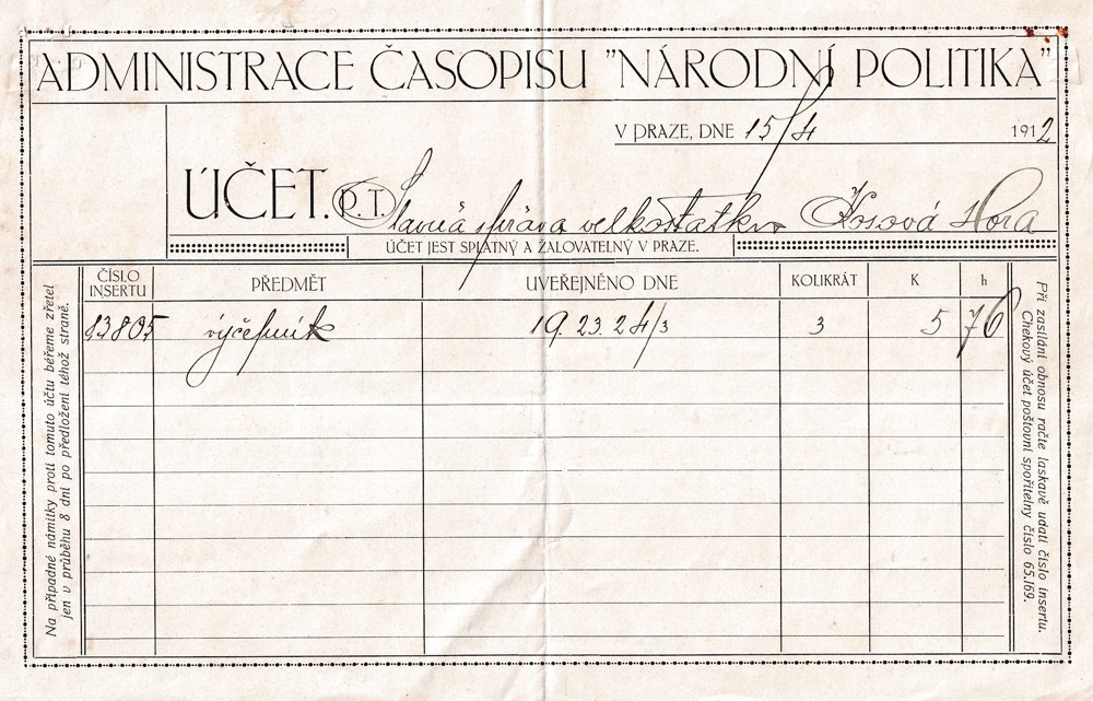 Účet, Časopis národní politika, Praha, 1912