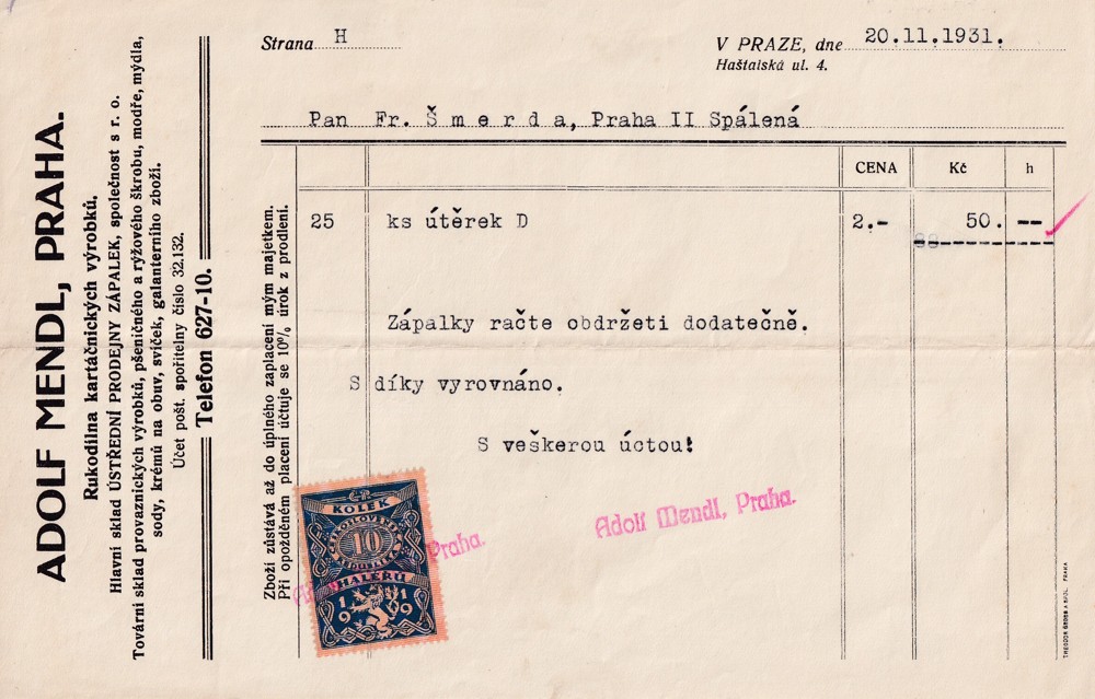 Účet, Rukodílna kartáčnických výrobků, Praha, 1931