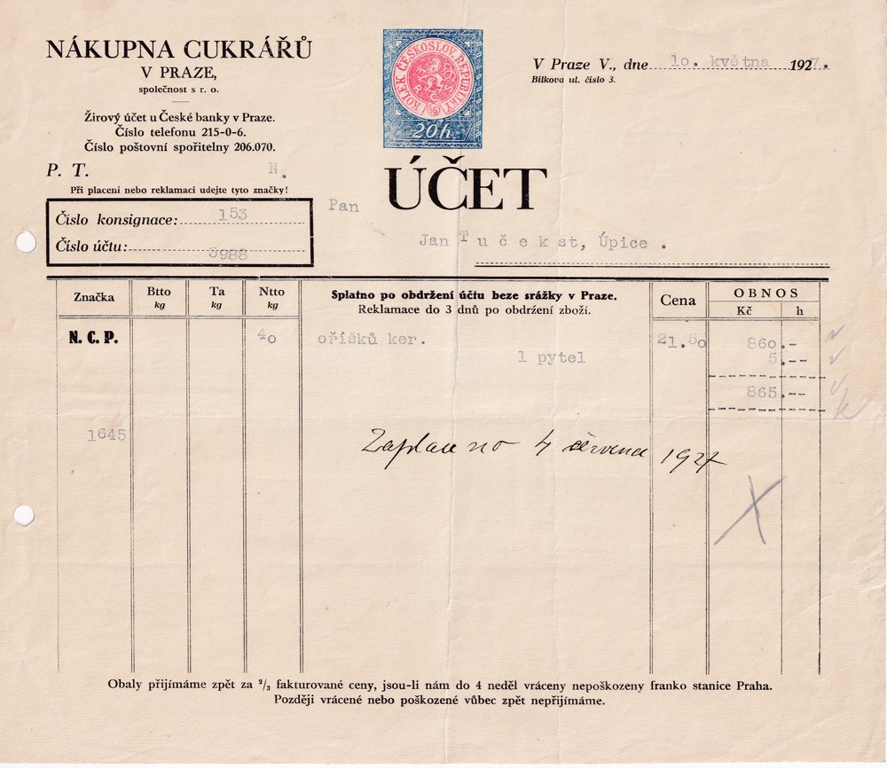 Účet, Nákupna cukrářů, Praha, 1927
