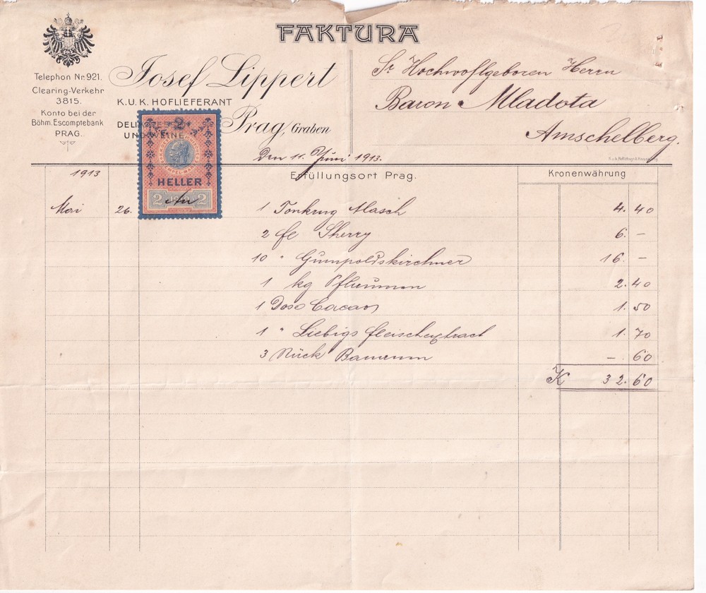 Účet, Josef Lippert, Praha, 1913
