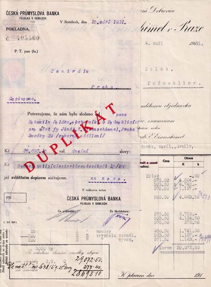 Účet, Česká průmyslová banka, Praha, 1931