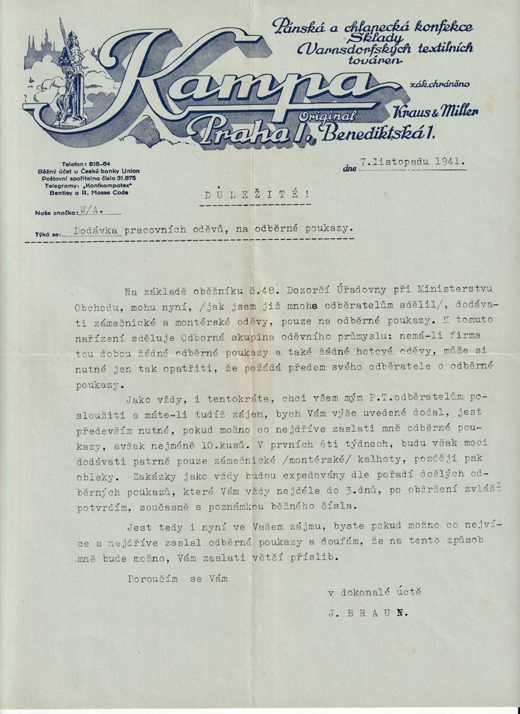 Účet, Kampa, pánská a chlapecká konfekce, Praha