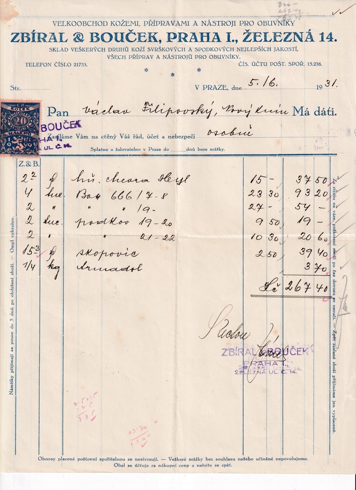 Účet, Velkoobchod pro obuvníky, Praha, 1931