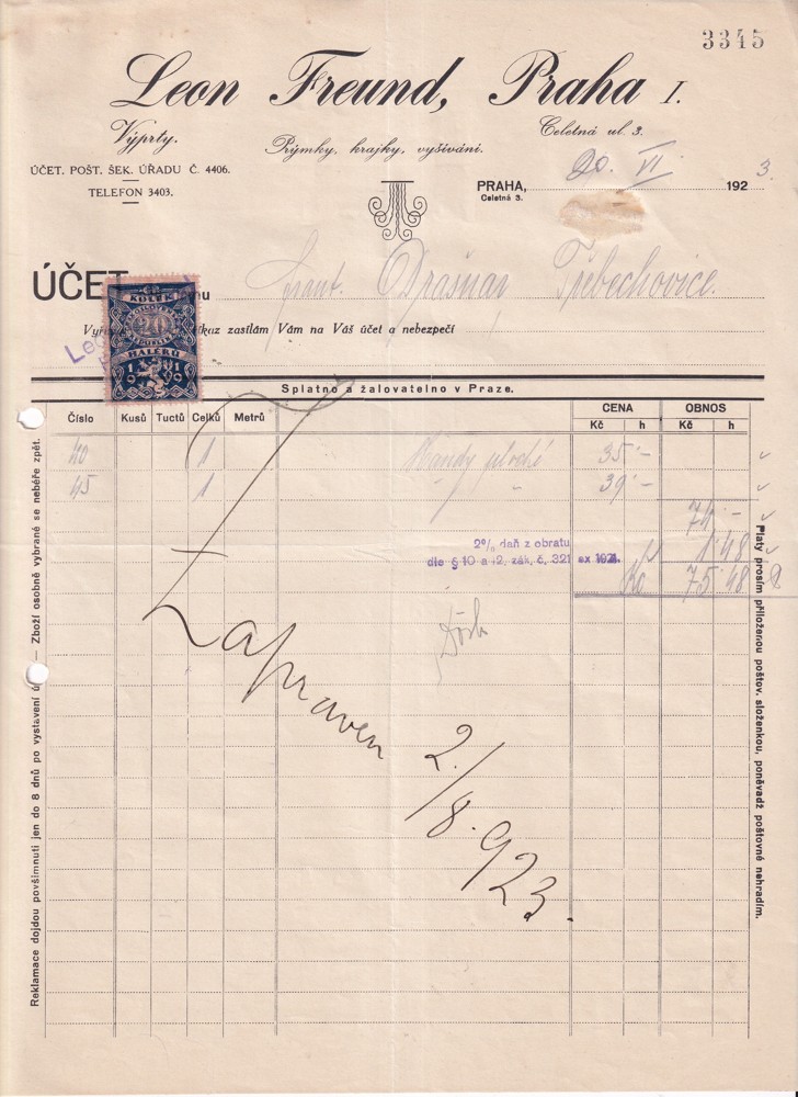 Účet, L. Freund – prýmky,krajky,vyšívání, Praha, 1923