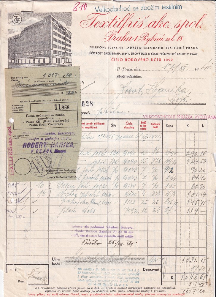 Účet, Textilfriš, a.s., Praha, 1941