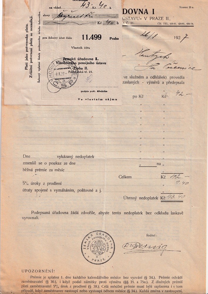 Účet, Zemská úřadovna, Praha, 1927