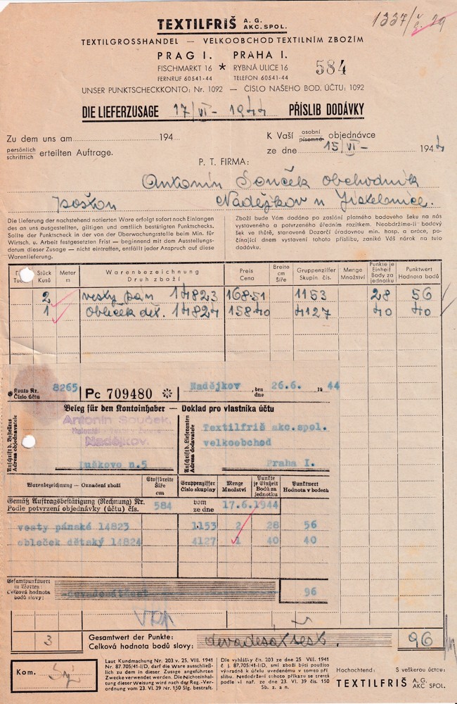 Účet, Textilfriš, a.s., Praha, 1944