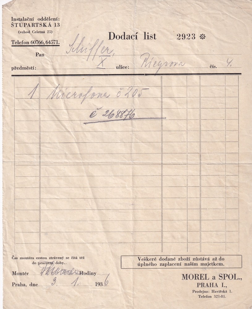Účet, Dodací list, Instalační oddělení, Praha, 1936