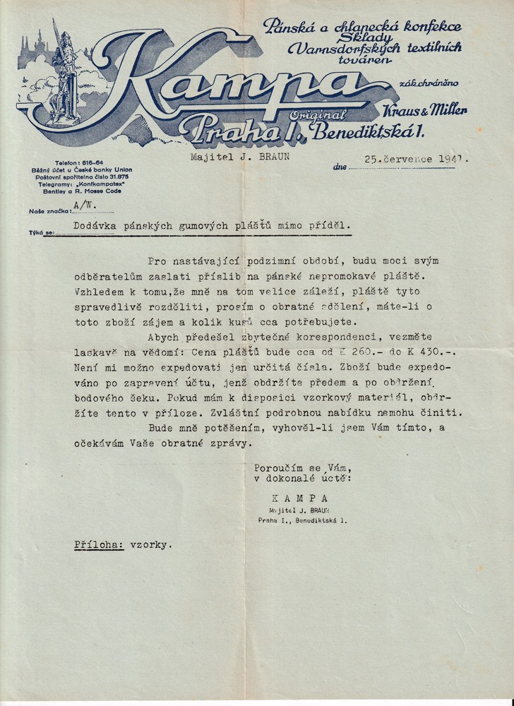 Účet, Kampa, pánská a chlapecká konfekce, Praha