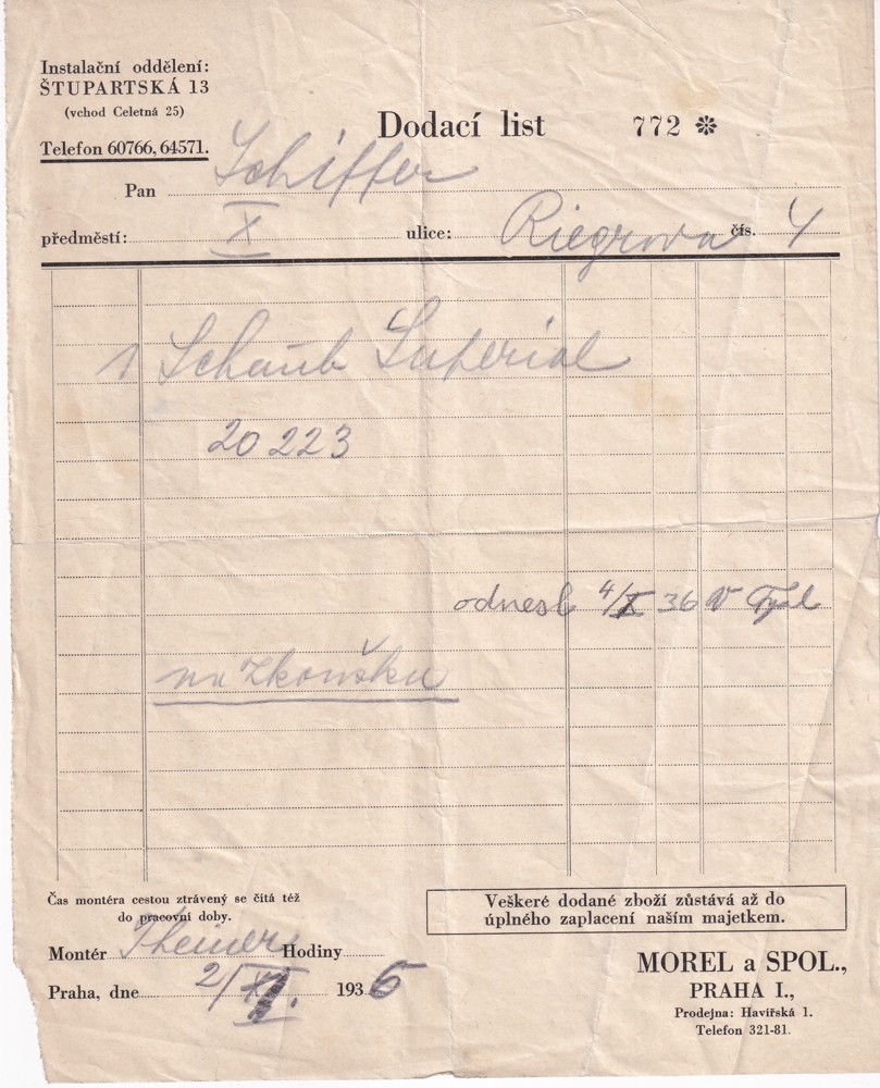 Účet, Dodací list, Instalační oddělení, Praha, 1936