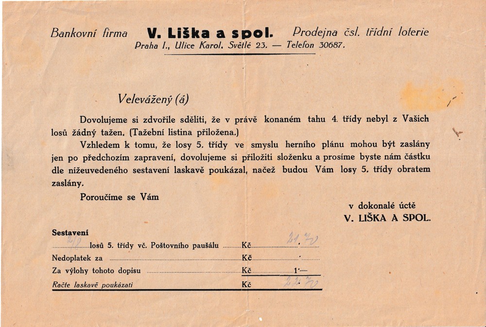 Účet, Bankovní firma, V. Liška a spol., Praha