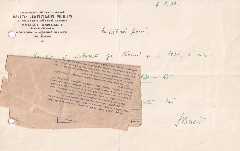 Účet, Odborný dětský lékař, Praha, 1932