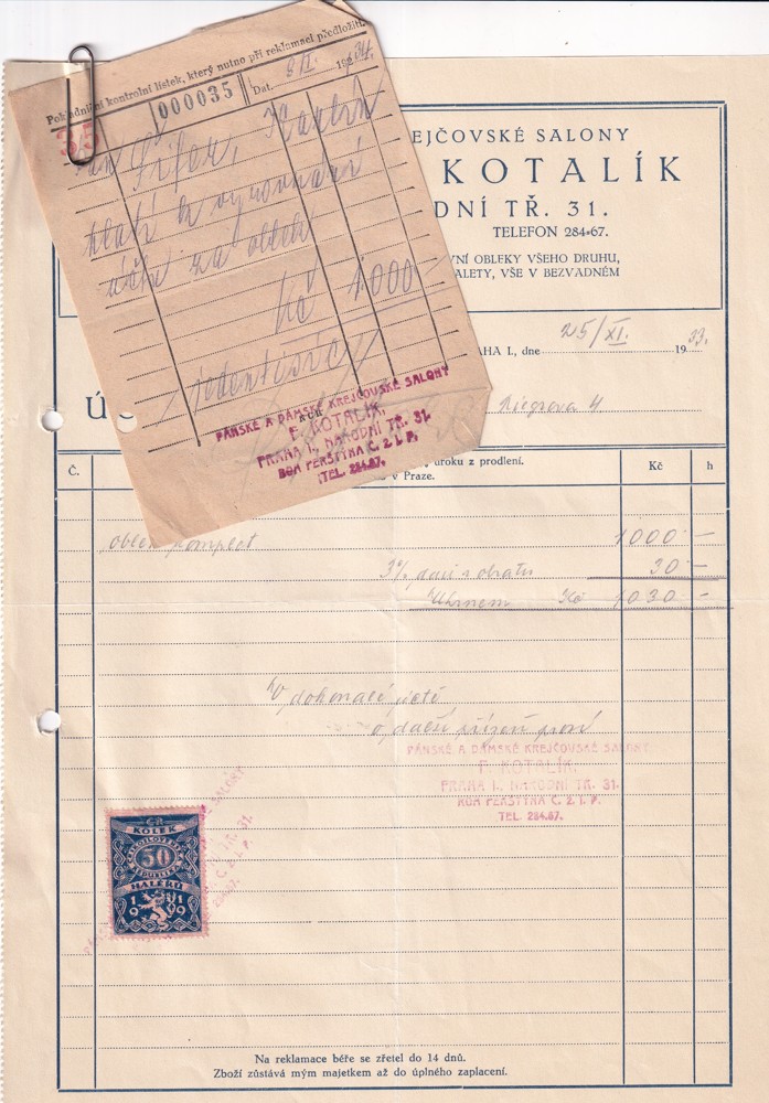 Účet, Pánské a dámské krejčovské salony, Praha