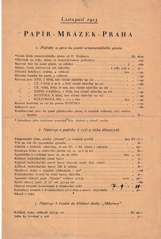 Ceník, Papír Mrázek, Praha, Listopad 1923