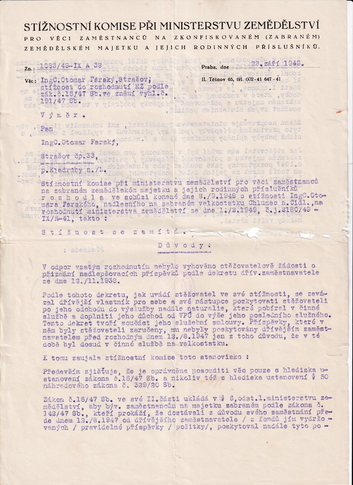 Účet, Ministerstvo zemědělství, Praha, 1949