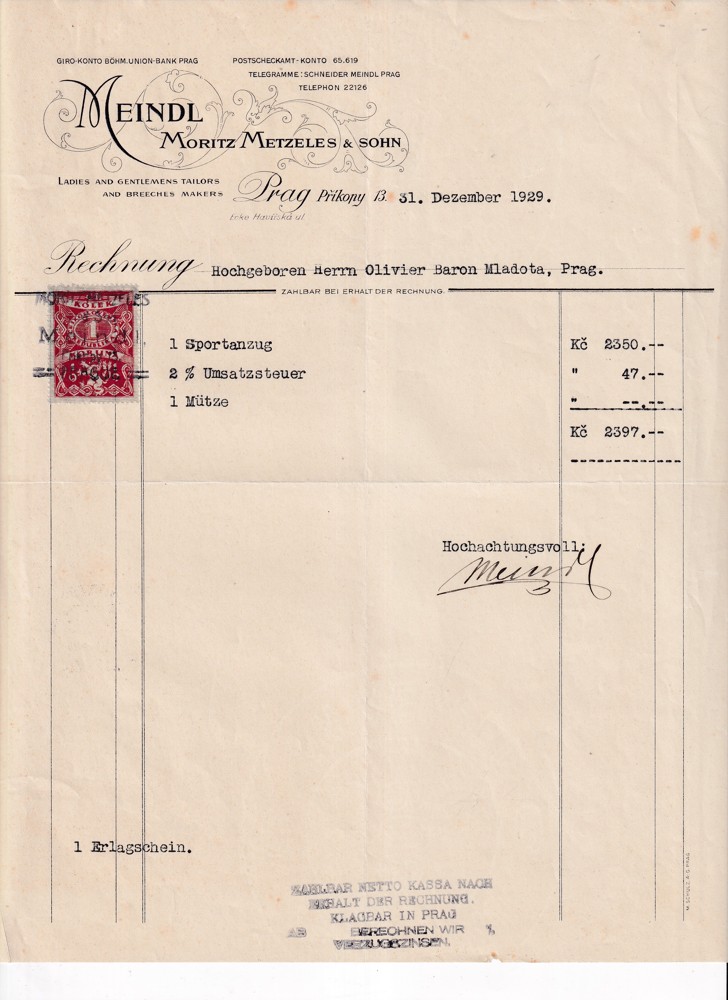 Účet, Dámský a pánský krejčí, Praha, 1929