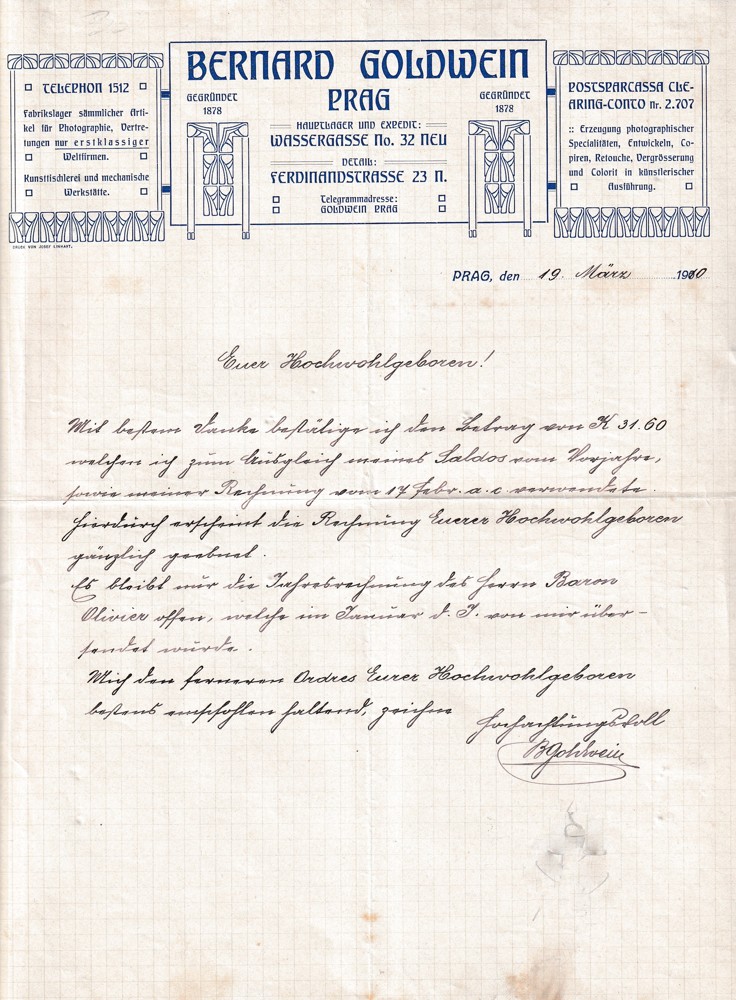 Účet, Bernard Goldwein, Praha, 1910