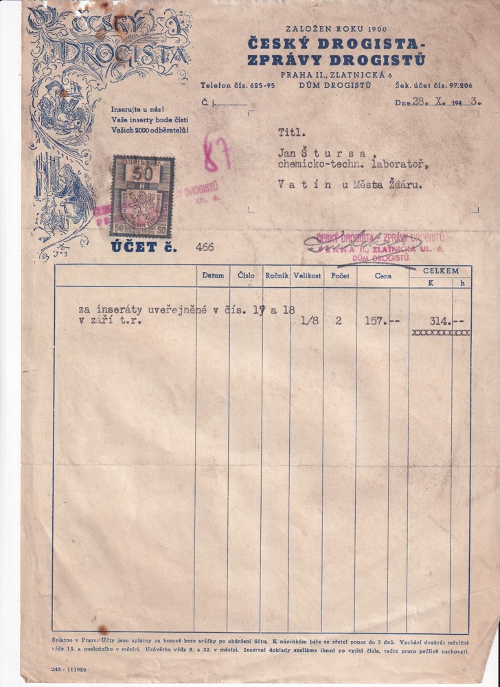 Účet, Český drogista, Dům drogistů, Praha, 1943