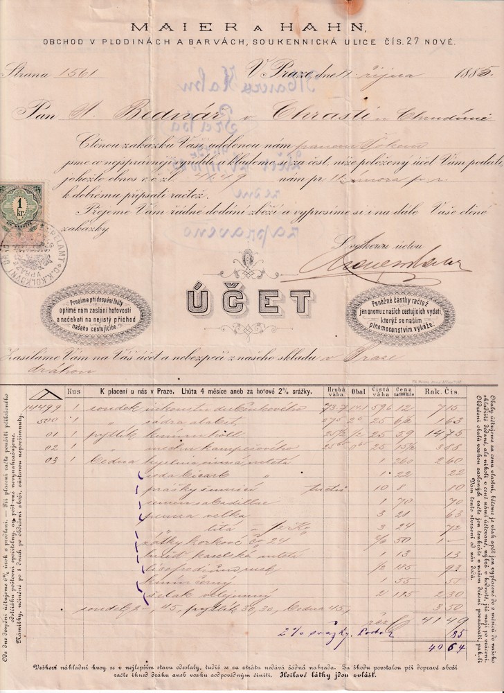 Účet, Obchod plodin a barev, Praha, 1885