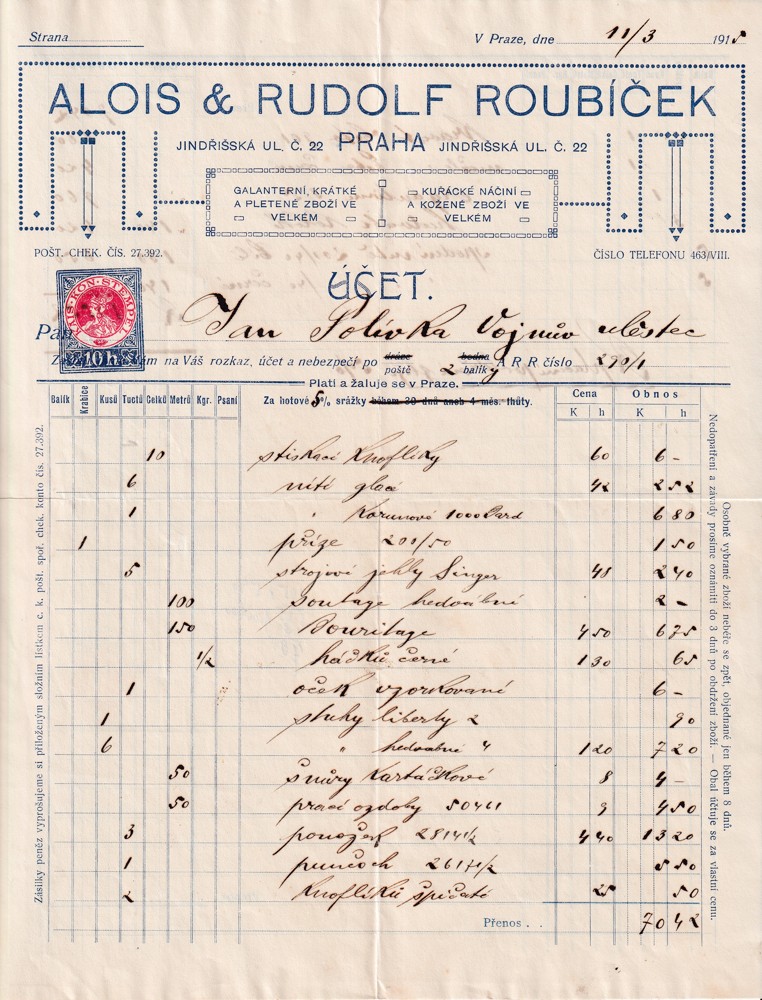 Účet, Galanterní a pletené zboží, Praha, 1915