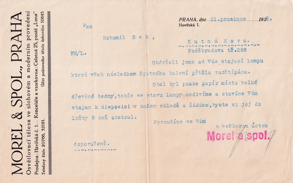 Účet, Osvětlovací tělesa, Praha, 1929