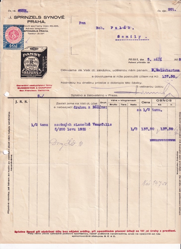 Účet, Sprinzels synové, Praha, 1928